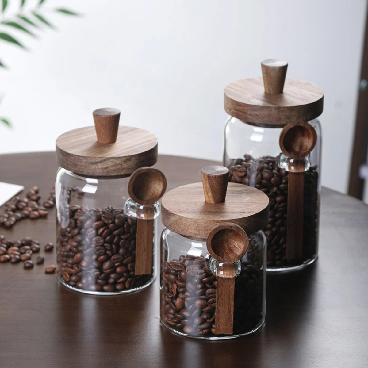 Set of 3 Glass Jars Containers with Wooden Lids Scoop Clear Canister Jars Set for Kitchen Food Coffee Bean Storage Bottle