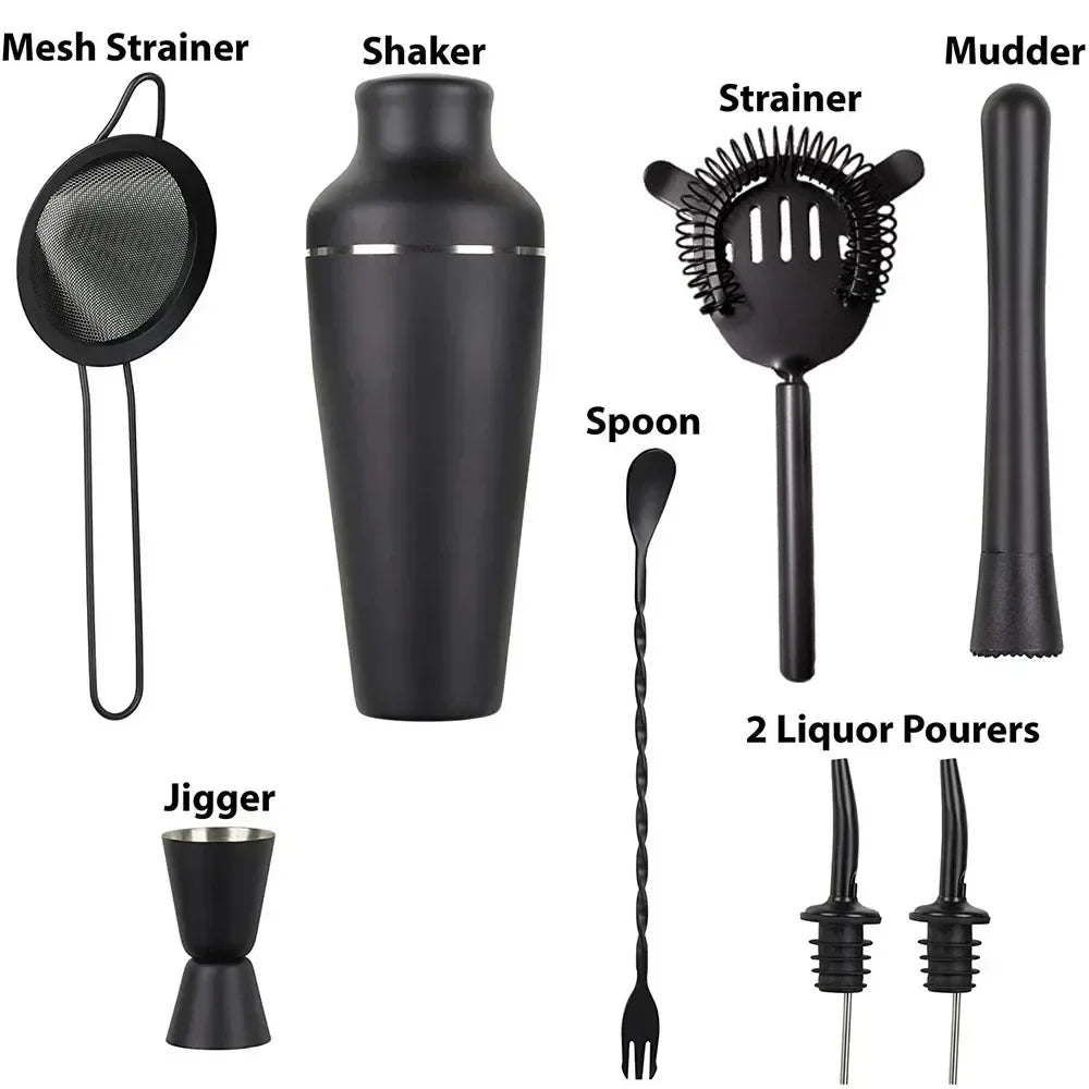 8-Piece Matte Black Cocktail Shaker Set – Complete Bartender Kit