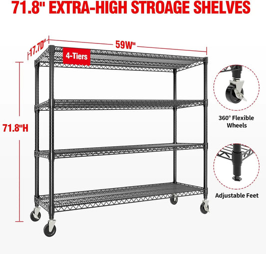Rolling Wire Shelving, 4-Tier