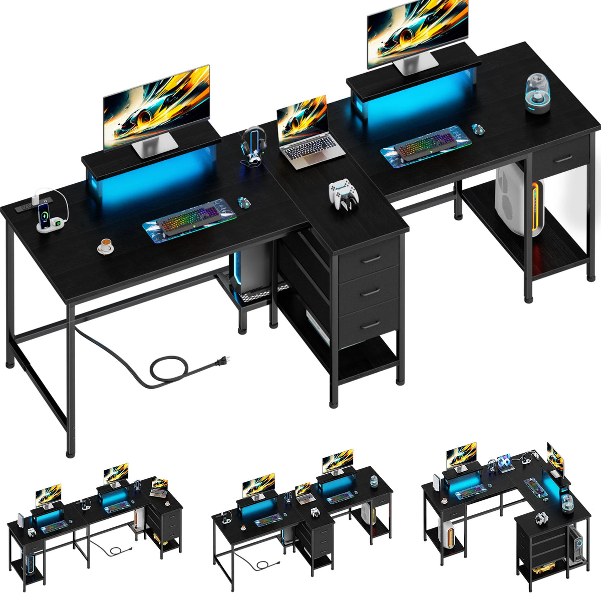 Office Desk, L-Shaped 93" with LED