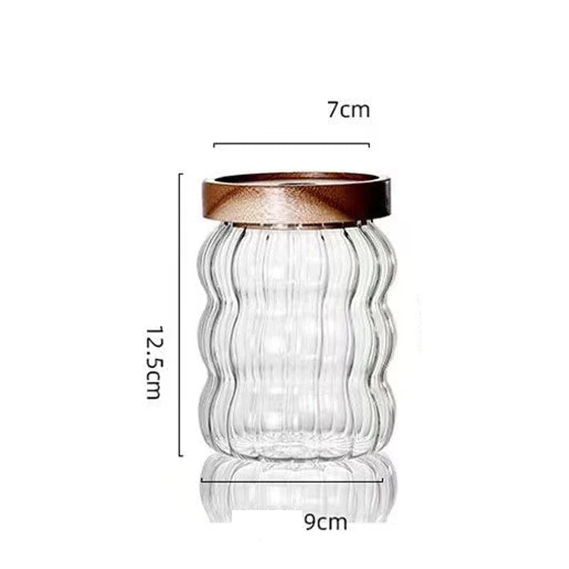 JUSTINLAU Wood Lid Striped Glass Storage Bottles Sealed Jar Tea Coffee Beans Grains Candy Jars Organizer Kitchen Glass Container