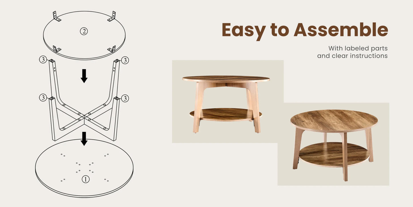 32-Inch Round Coffee Table – 2-Tier Wood Center Table with Storage