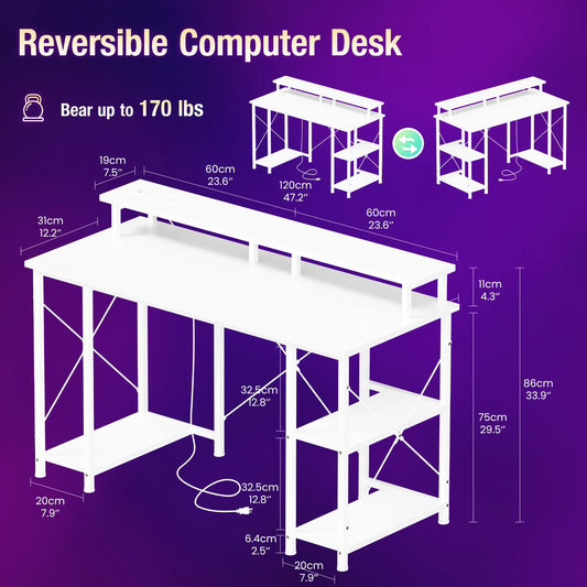 47" Computer Desk with 4 Drawers, Monitor Stand, Power Outlets & LED Lighting