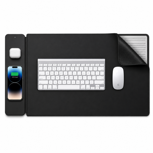 Wireless Charging Desk Mat XL, 15W Fast Charge Mouse Pad with Detachable Magnetic Charging Panel & Document Pocket