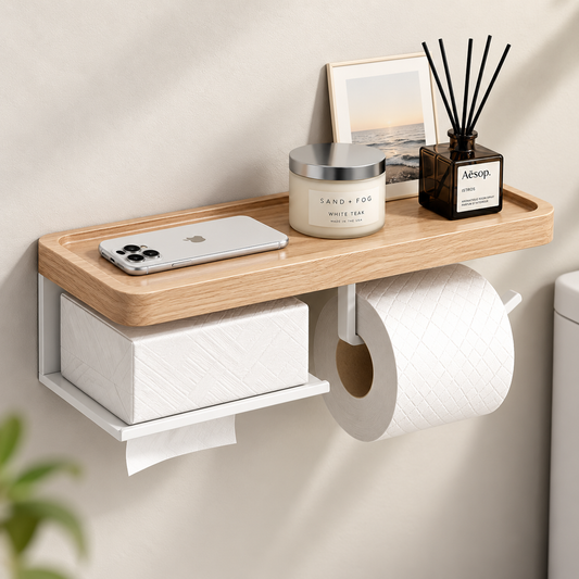 Solid Wood Wall Mounted Toilet Paper Holder with Shelf & Tissue Storage – Bathroom Organizer