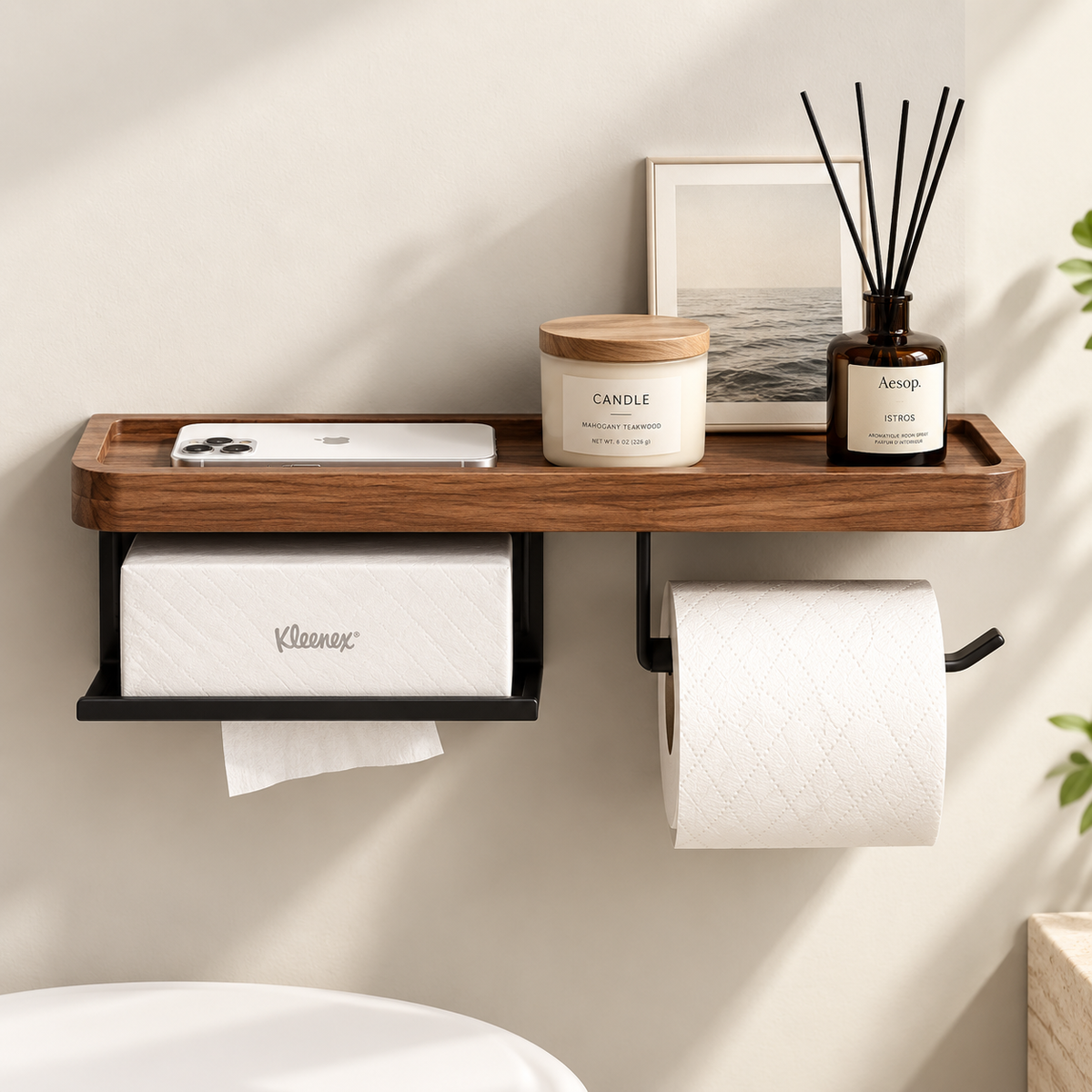 Solid Wood Wall Mounted Toilet Paper Holder with Shelf & Tissue Storage – Bathroom Organizer