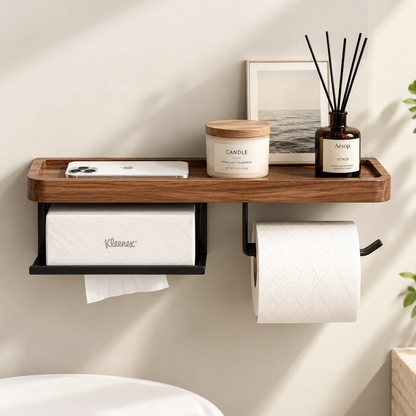 Solid Wood Wall Mounted Toilet Paper Holder with Shelf & Tissue Storage – Bathroom Organizer