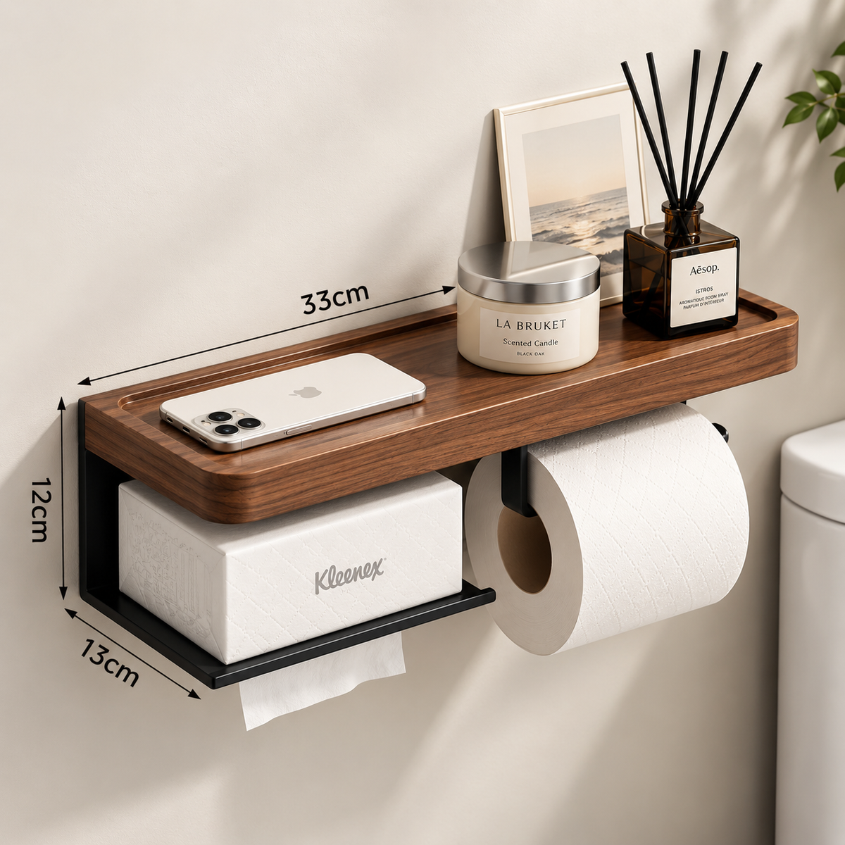 Solid Wood Wall Mounted Toilet Paper Holder with Shelf & Tissue Storage – Bathroom Organizer