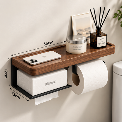 Solid Wood Wall Mounted Toilet Paper Holder with Shelf & Tissue Storage – Bathroom Organizer