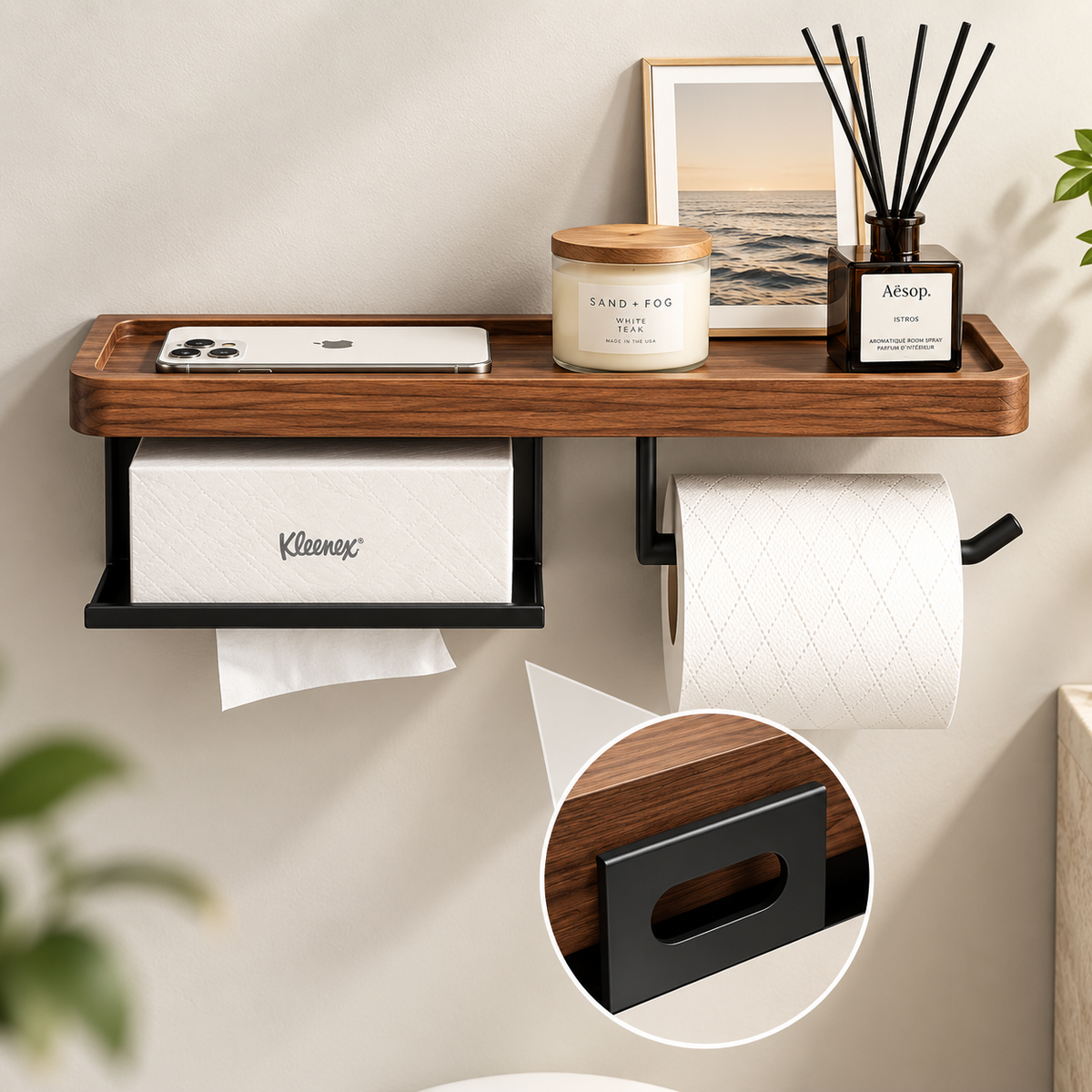 Solid Wood Wall Mounted Toilet Paper Holder with Shelf & Tissue Storage – Bathroom Organizer