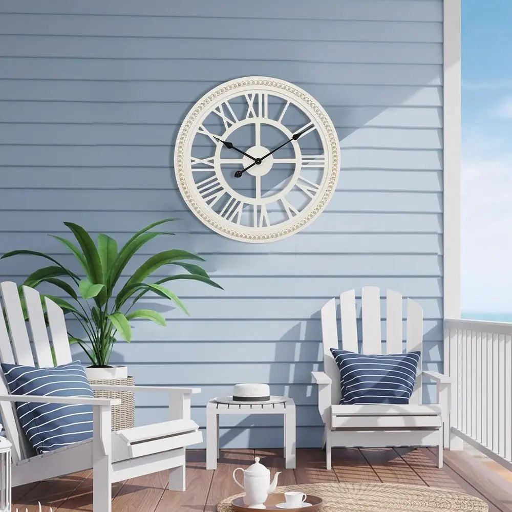 24-Inch Farmhouse Wall Clock, Rustic Wooden Decor, Non-Ticking, Silent