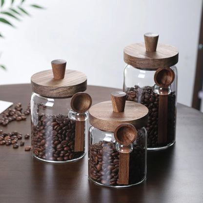 Set of 3 Glass Jars Containers with Wooden Lids Scoop Clear Canister Jars Set for Kitchen Food Coffee Bean Storage Bottle