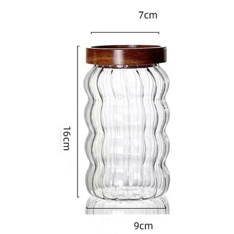 JUSTINLAU Wood Lid Striped Glass Storage Bottles Sealed Jar Tea Coffee Beans Grains Candy Jars Organizer Kitchen Glass Container