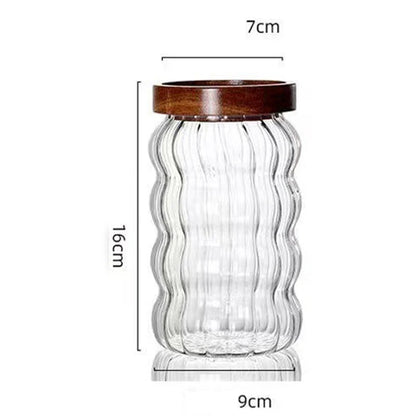 JUSTINLAU Wood Lid Striped Glass Storage Bottles Sealed Jar Tea Coffee Beans Grains Candy Jars Organizer Kitchen Glass Container