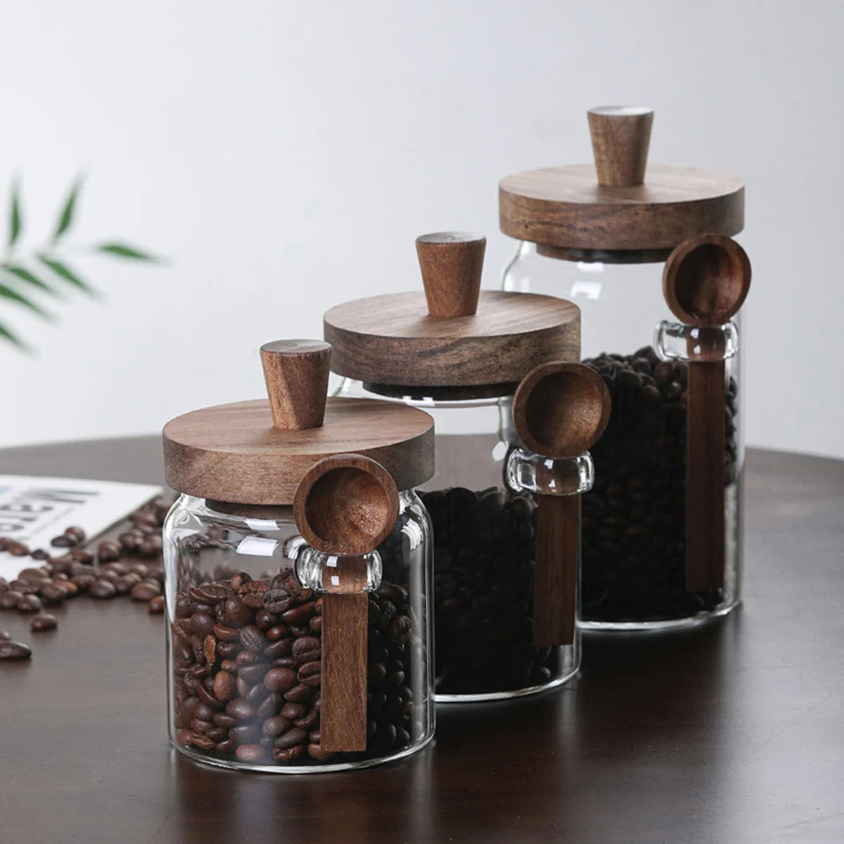 Set of 3 Glass Jars Containers with Wooden Lids Scoop Clear Canister Jars Set for Kitchen Food Coffee Bean Storage Bottle