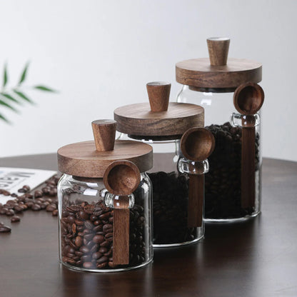 Set of 3 Glass Jars Containers with Wooden Lids Scoop Clear Canister Jars Set for Kitchen Food Coffee Bean Storage Bottle