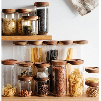 Multi-Use Wooden Lid Glass Food Storage Jar Clear Thicken Airtight Canisters Coffee Beans Round Food Storage Containers Sugar