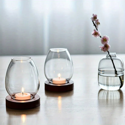 Glass Tealight Candle Holder with Wooden Base