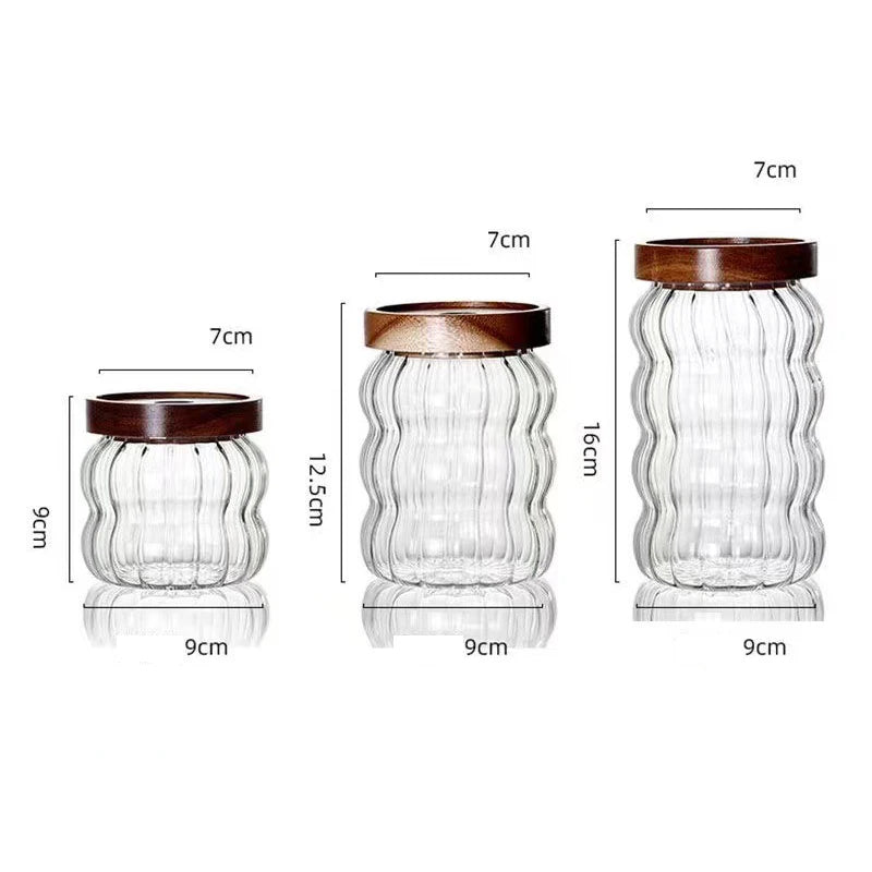 JUSTINLAU Wood Lid Striped Glass Storage Bottles Sealed Jar Tea Coffee Beans Grains Candy Jars Organizer Kitchen Glass Container