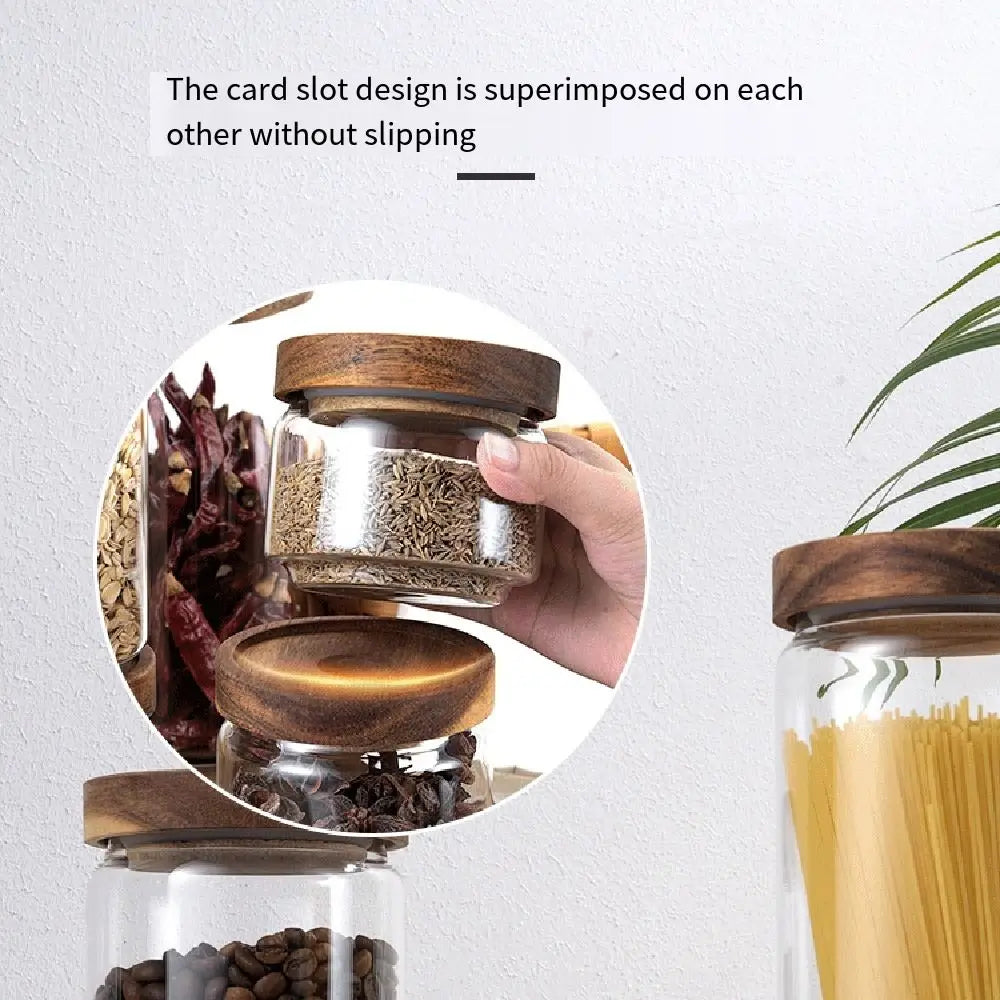 Multi-Use Wooden Lid Glass Food Storage Jar Clear Thicken Airtight Canisters Coffee Beans Round Food Storage Containers Sugar