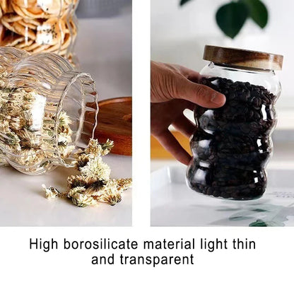 JUSTINLAU Wood Lid Striped Glass Storage Bottles Sealed Jar Tea Coffee Beans Grains Candy Jars Organizer Kitchen Glass Container