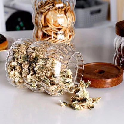 JUSTINLAU Wood Lid Striped Glass Storage Bottles Sealed Jar Tea Coffee Beans Grains Candy Jars Organizer Kitchen Glass Container