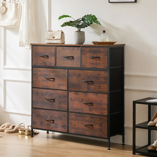 Wooden dresser with multiple drawers in a room setting.