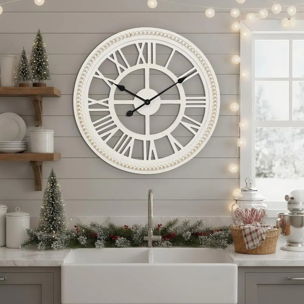 24-Inch Farmhouse Wall Clock, Rustic Wooden Decor, Non-Ticking, Silent