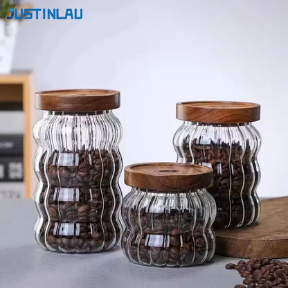 JUSTINLAU Wood Lid Striped Glass Storage Bottles Sealed Jar Tea Coffee Beans Grains Candy Jars Organizer Kitchen Glass Container