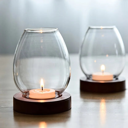 Glass Tealight Candle Holder with Wooden Base