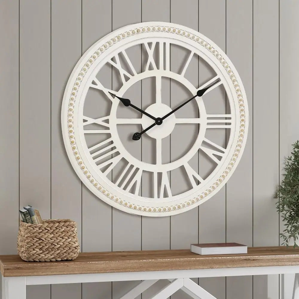 24-Inch Farmhouse Wall Clock, Rustic Wooden Decor, Non-Ticking, Silent