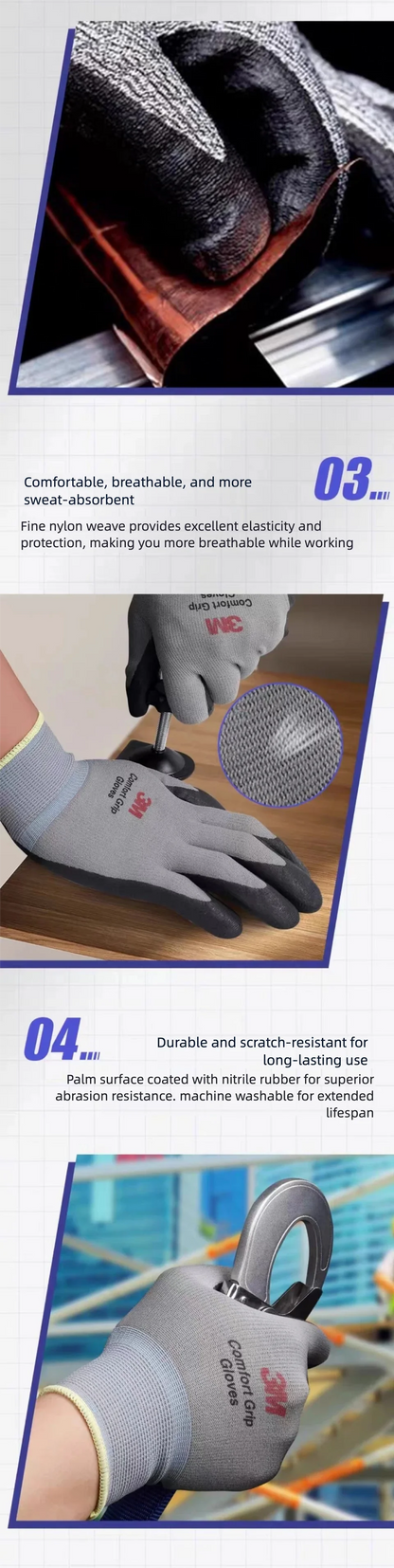 3M Comfort Grip Work Gloves – Nitrile Coated, Breathable & Touchscreen Ready