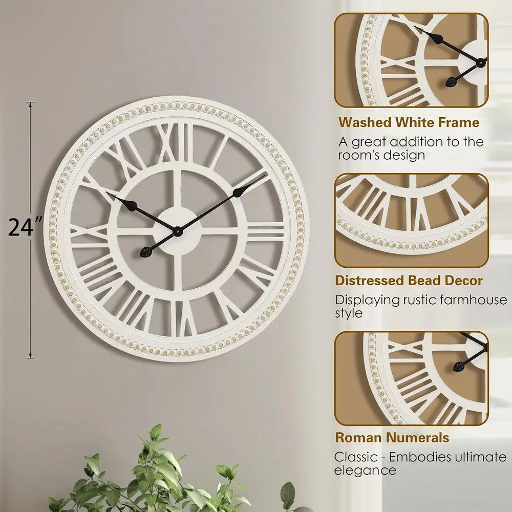 24-Inch Farmhouse Wall Clock, Rustic Wooden Decor, Non-Ticking, Silent