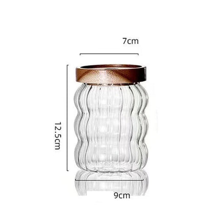 JUSTINLAU Wood Lid Striped Glass Storage Bottles Sealed Jar Tea Coffee Beans Grains Candy Jars Organizer Kitchen Glass Container