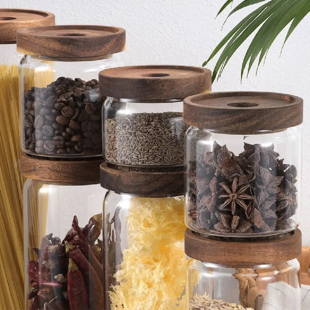 Multi-Use Wooden Lid Glass Food Storage Jar Clear Thicken Airtight Canisters Coffee Beans Round Food Storage Containers Sugar