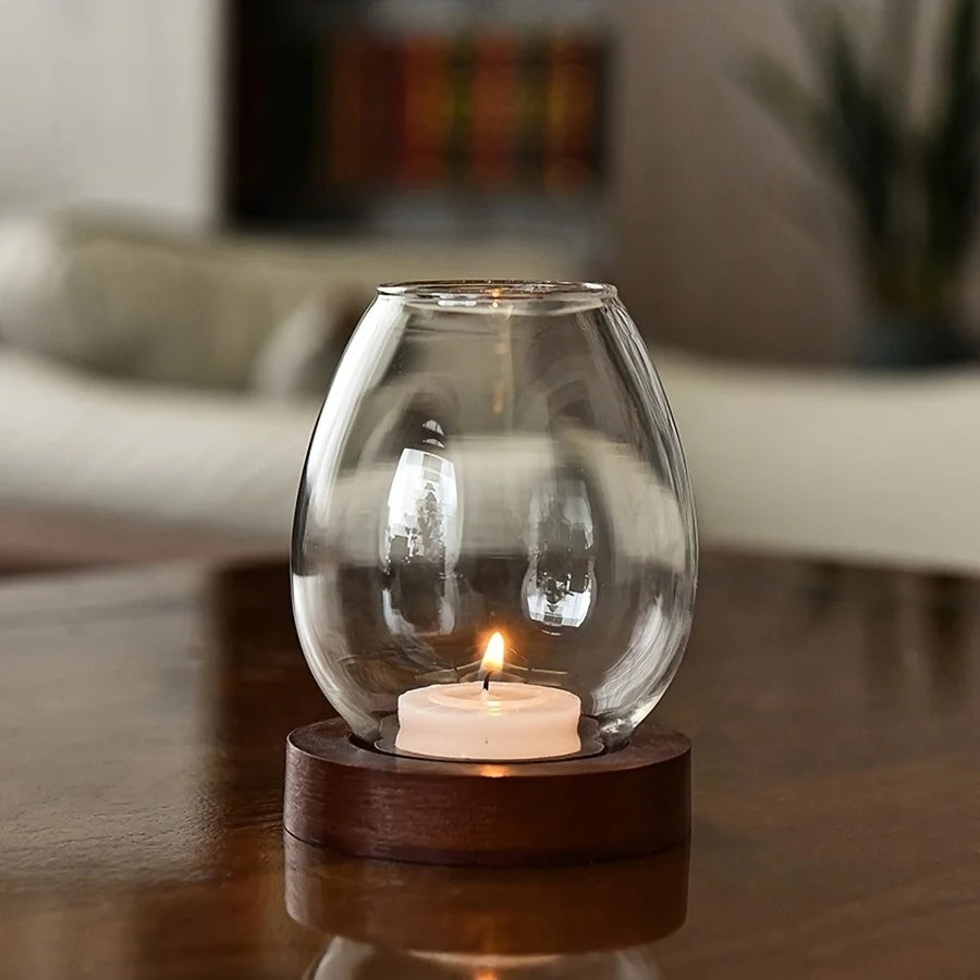 Glass Tealight Candle Holder with Wooden Base