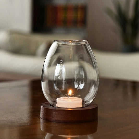 Glass Tealight Candle Holder with Wooden Base