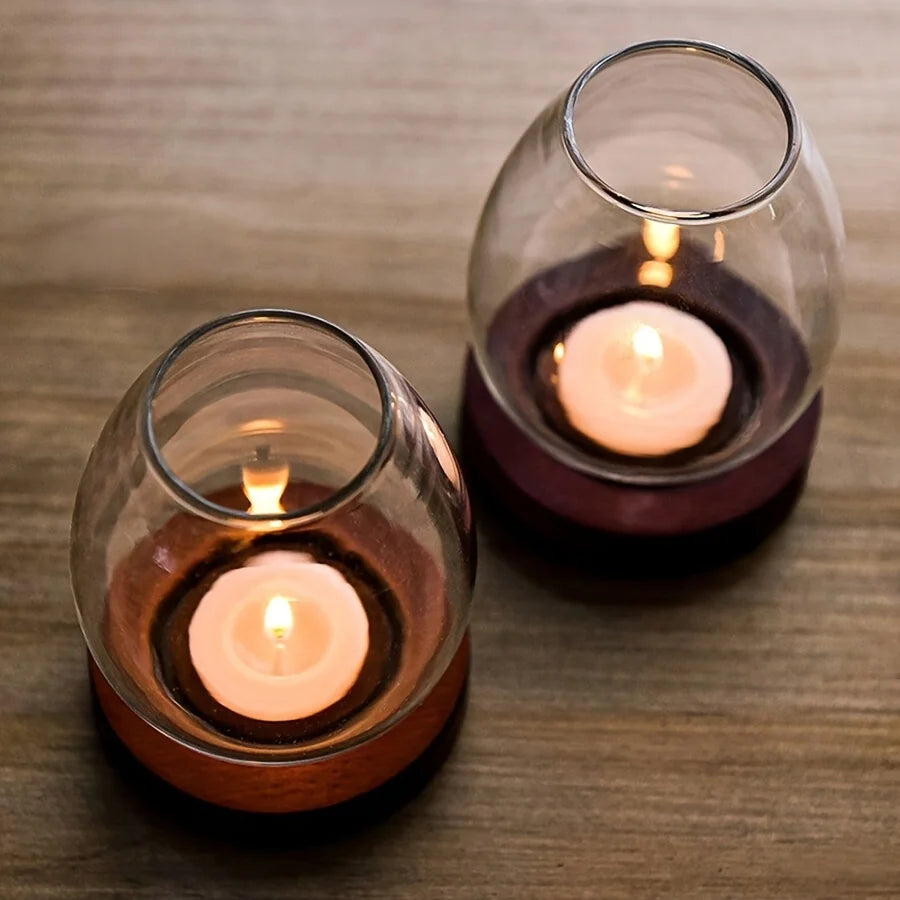 Glass Tealight Candle Holder with Wooden Base