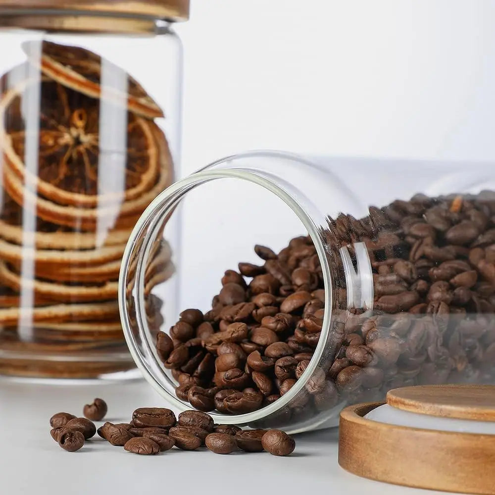 Glass Storage Jars with Wood Lid [Set of 3], 34OZ Airtight Food Containers Stackable for Coffee Beans/Nuts/Pasta/candy/sugar