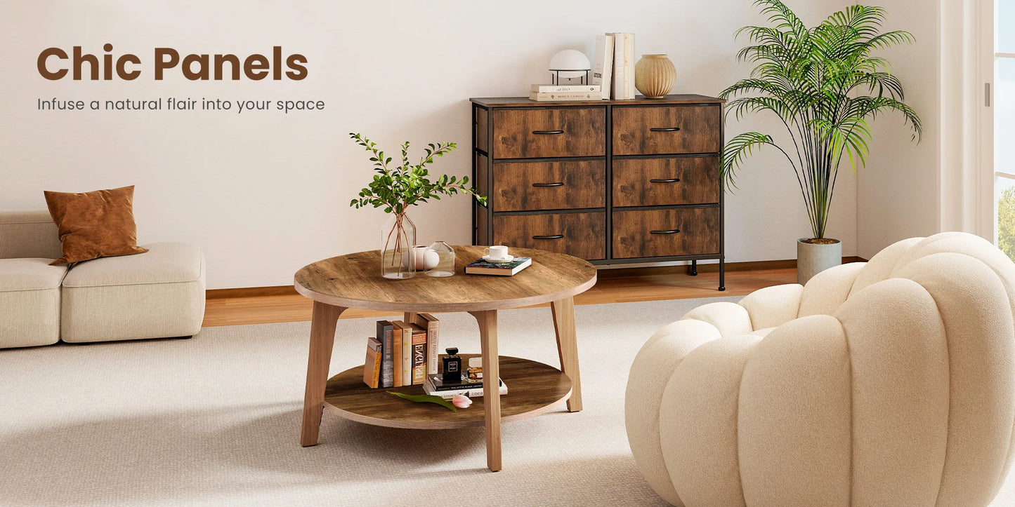 32-Inch Round Coffee Table – 2-Tier Wood Center Table with Storage