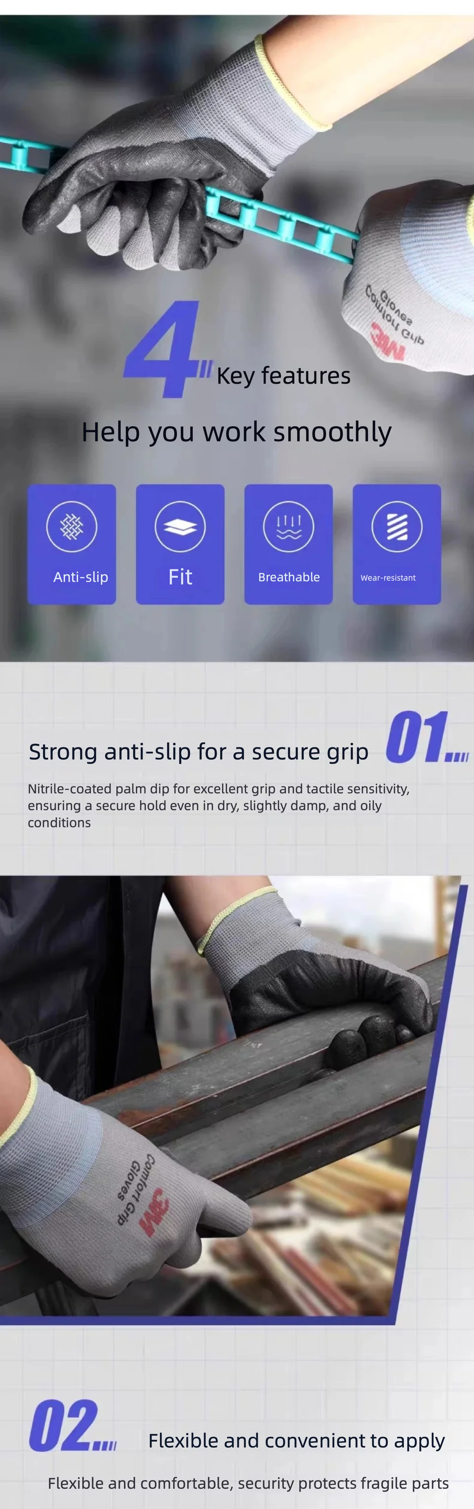3M Comfort Grip Work Gloves – Nitrile Coated, Breathable & Touchscreen Ready