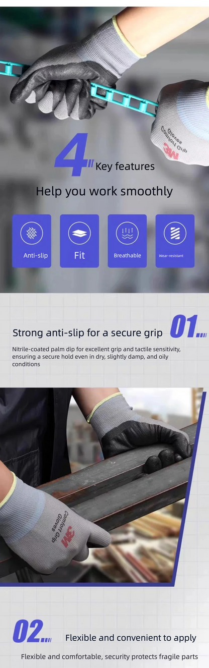 3M Comfort Grip Work Gloves – Nitrile Coated, Breathable & Touchscreen Ready