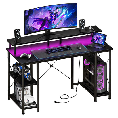 47" Computer Desk with 4 Drawers, Monitor Stand, Power Outlets & LED Lighting
