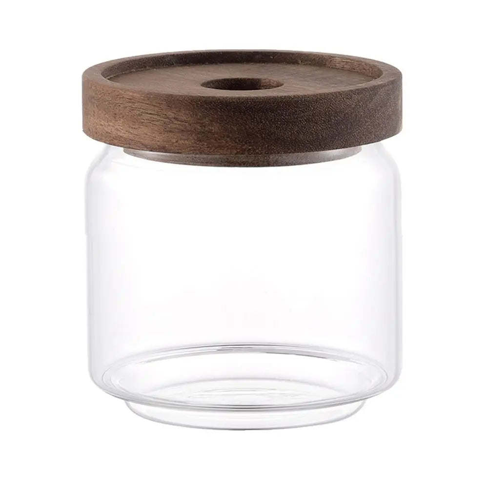 Multi-Use Wooden Lid Glass Food Storage Jar Clear Thicken Airtight Canisters Coffee Beans Round Food Storage Containers Sugar