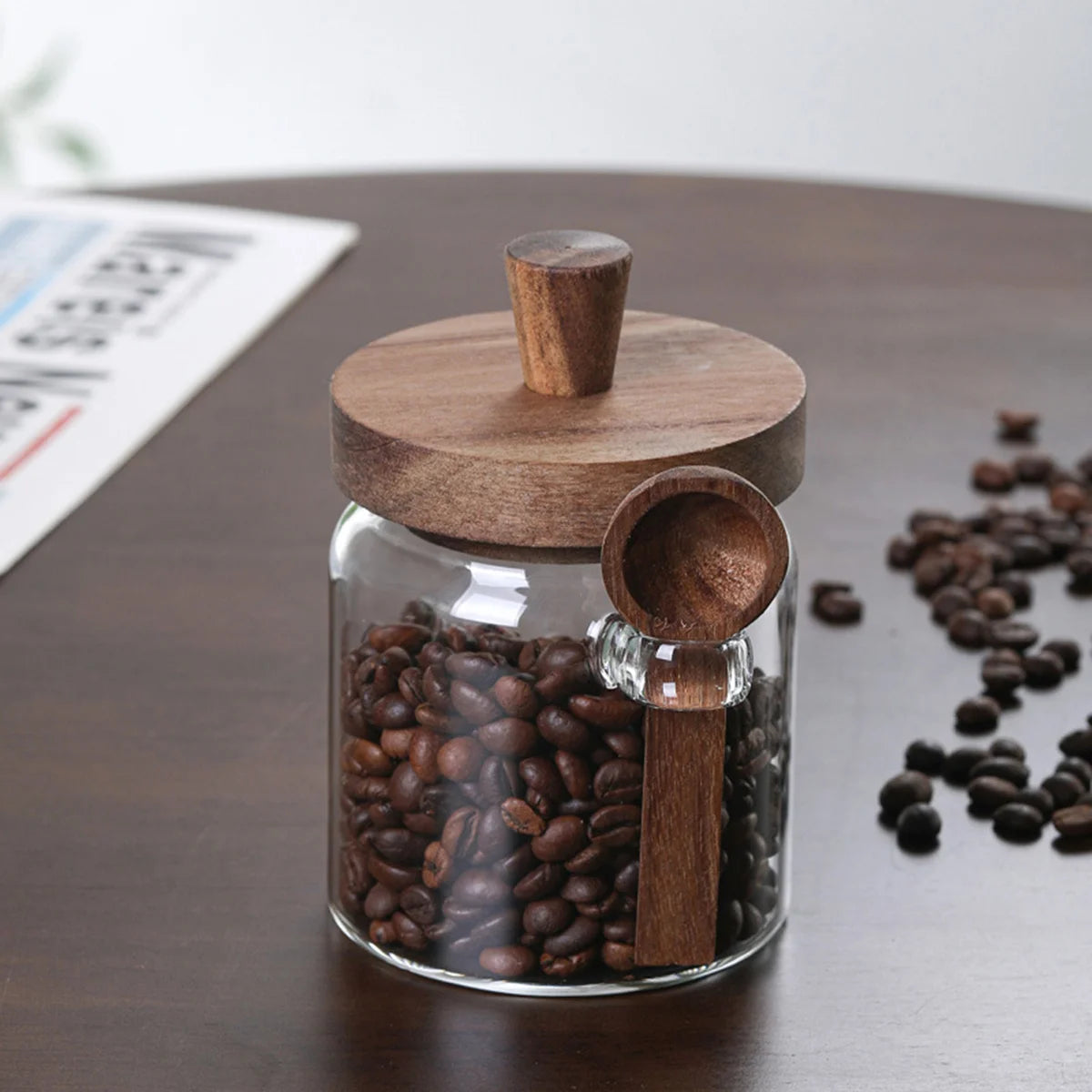 Set of 3 Glass Jars Containers with Wooden Lids Scoop Clear Canister Jars Set for Kitchen Food Coffee Bean Storage Bottle