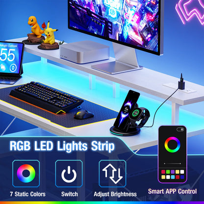 47" Computer Desk with 4 Drawers, Monitor Stand, Power Outlets & LED Lighting