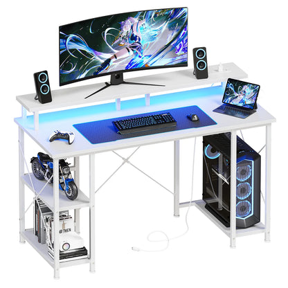 47" Computer Desk with 4 Drawers, Monitor Stand, Power Outlets & LED Lighting