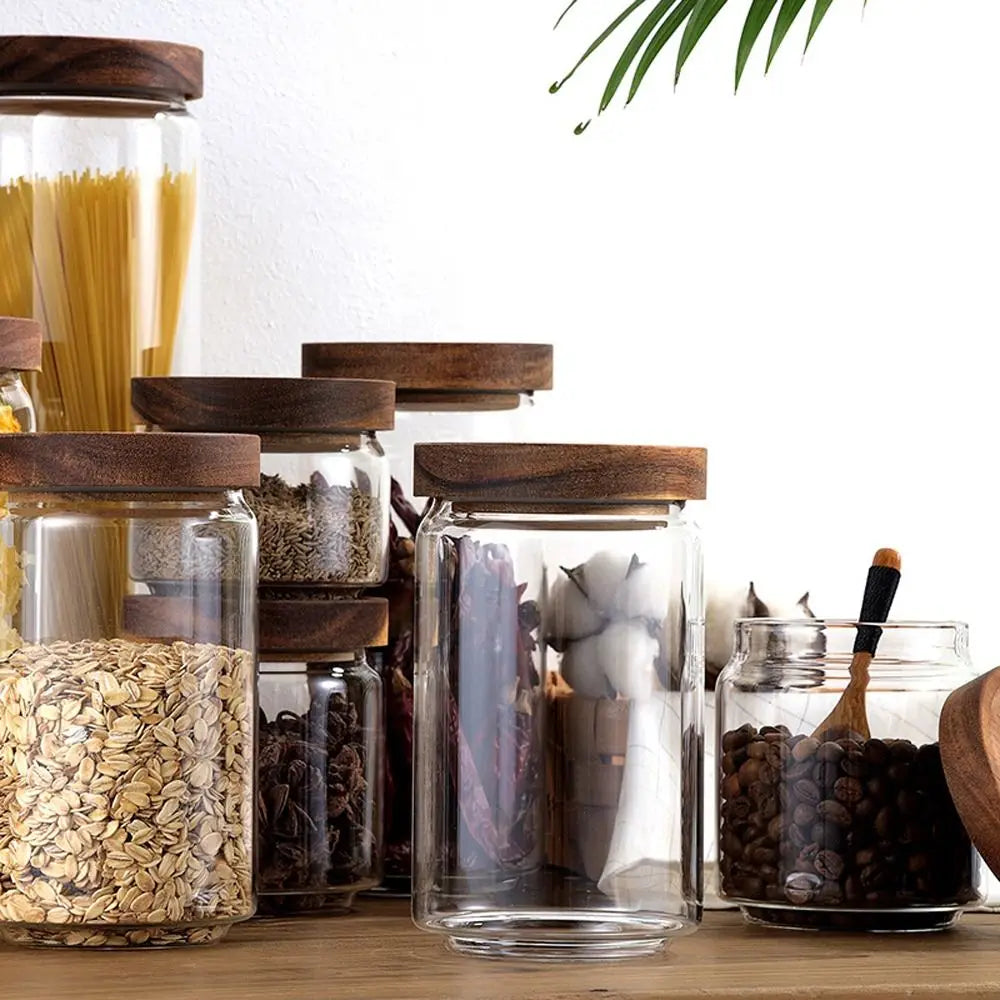 Multi-Use Wooden Lid Glass Food Storage Jar Clear Thicken Airtight Canisters Coffee Beans Round Food Storage Containers Sugar