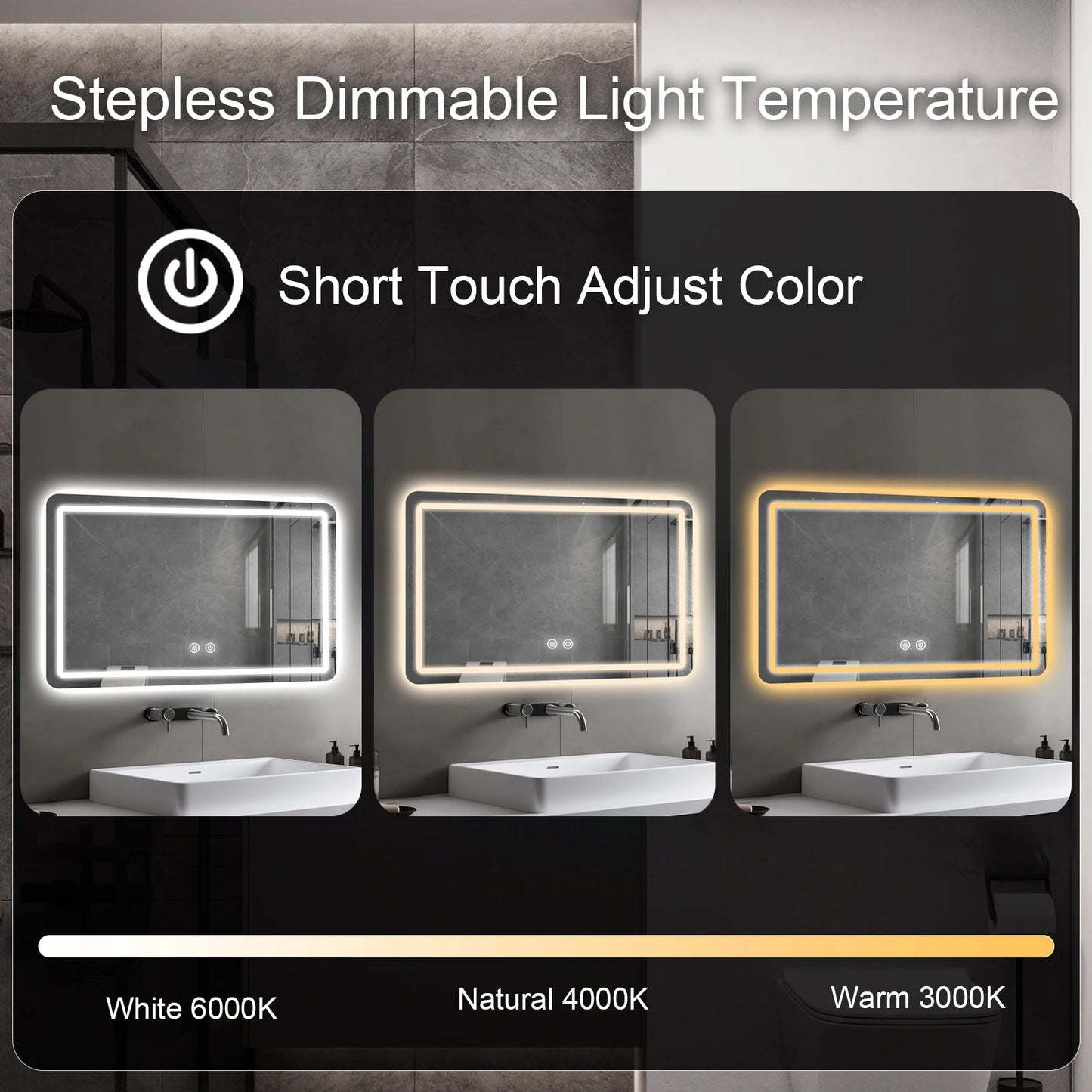 LED Bathroom Mirror, Wall-Mounted Anti-Fog Dimmable