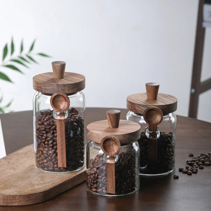 Set of 3 Glass Jars Containers with Wooden Lids Scoop Clear Canister Jars Set for Kitchen Food Coffee Bean Storage Bottle